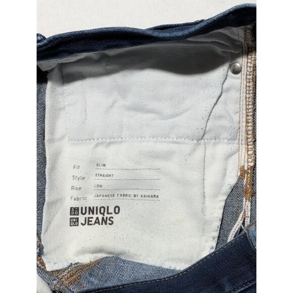 UNIQLO Slim Straight Jeans Japanese Kaihara Denim Low Rise Dark Wash 35x32 - Picture 8 of 16